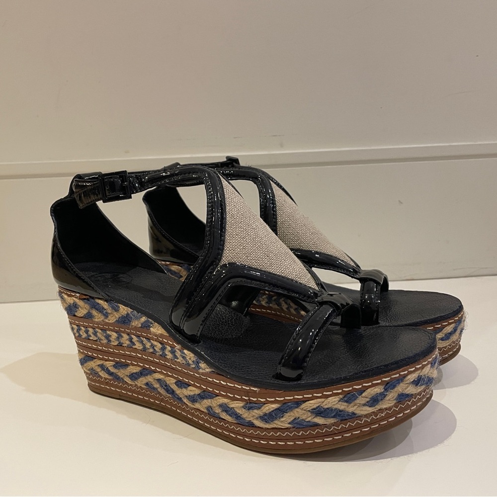Tory Burch Navy Blue Espadrille Wedge Sandals Size 8.5